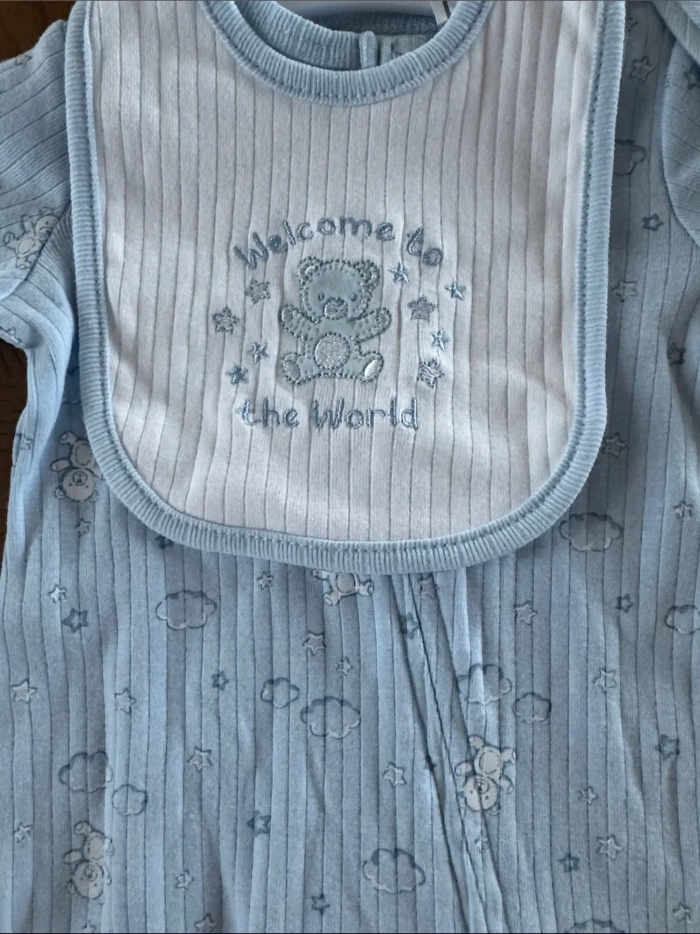 Little Me Light Blue Baby Footed One-Piece, Bib & Hat Set